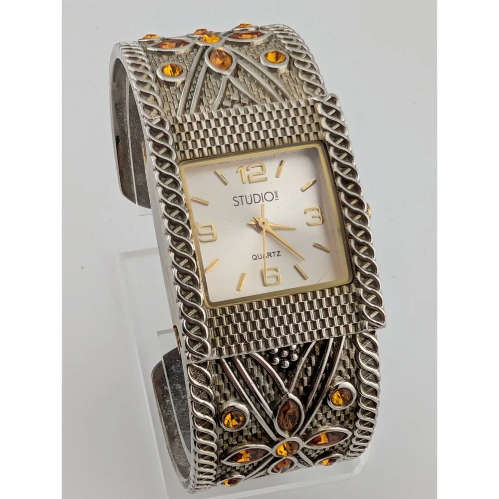 Studio Time Watch Women 28mm Case Silver Bangle Orange Gems- New Battery